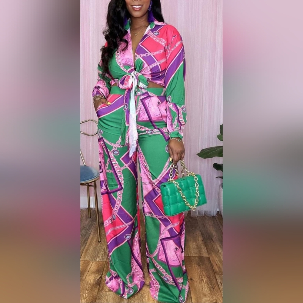 Green/Pink ChainPrint Set long-sleeved,tie-front crop top w/match Palazzo Pants